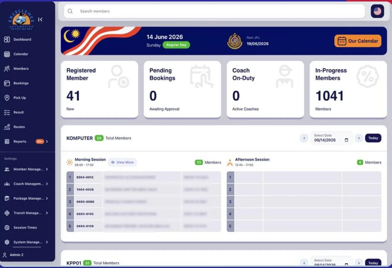 Driving-school admin dashboard — members, bookings and coaches
