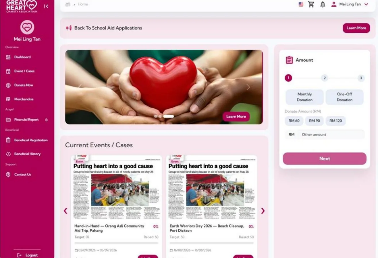 Great Heart member and donor portal — events, cases and donations