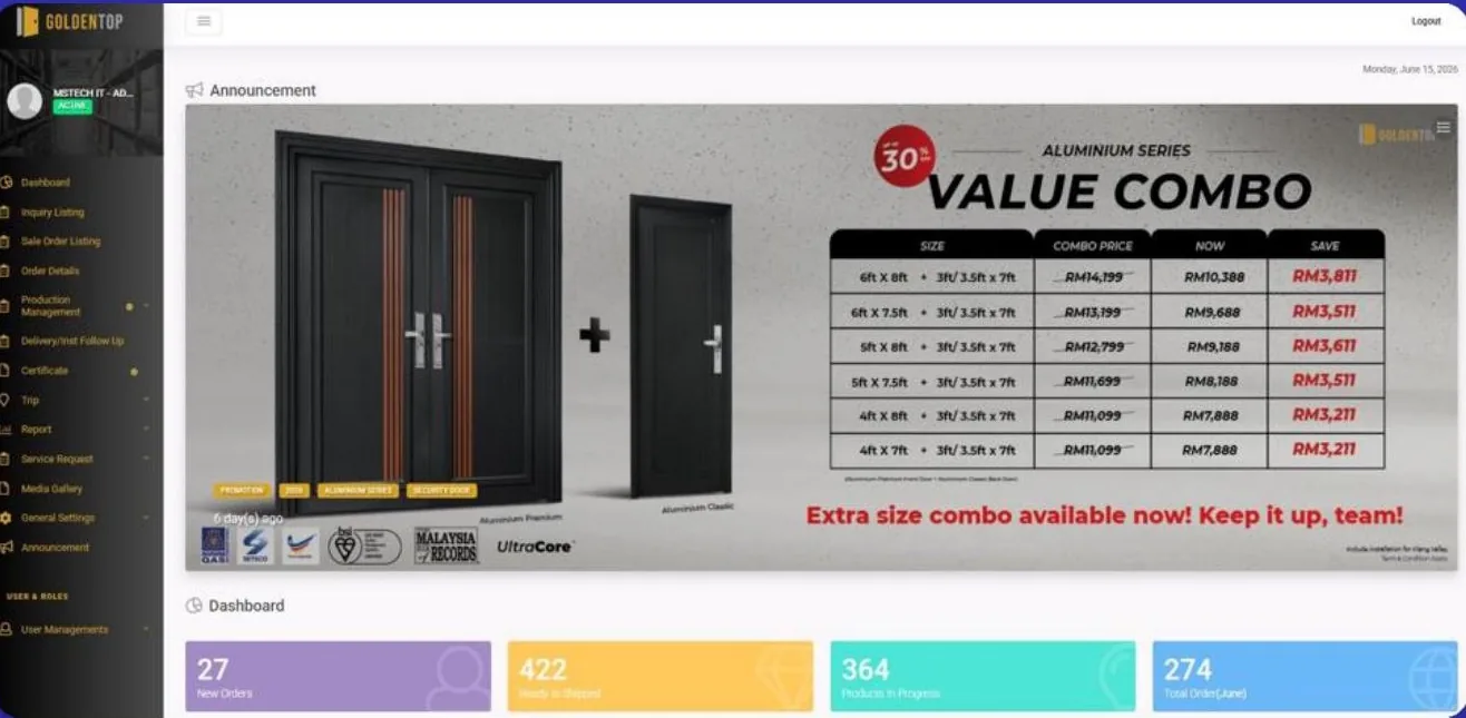 GoldenTop ERP dashboard — orders, production and delivery at a glance